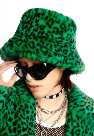 Leopard bucket hat faux fur fluffy animal hat rave cap green