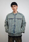 Denim varsity jacket round neck bleached jean college bomber