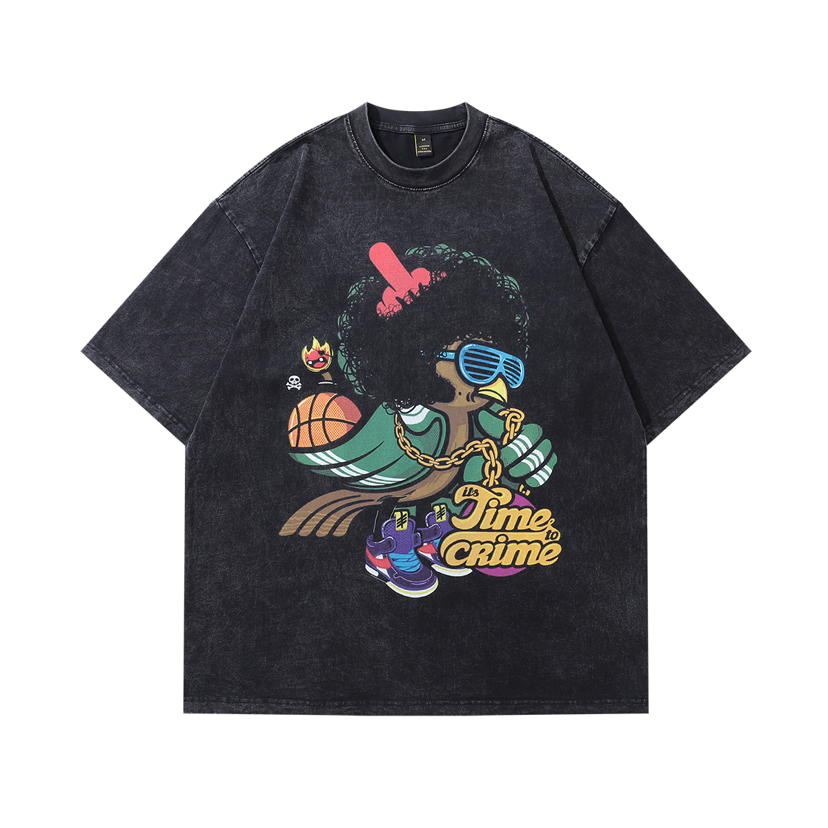 Hip-hop t-shirt gangster cartoon print tee retro rapper top in vintage grey