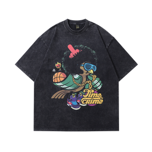 Hip-hop t-shirt gangster cartoon print tee retro rapper top in vintage grey