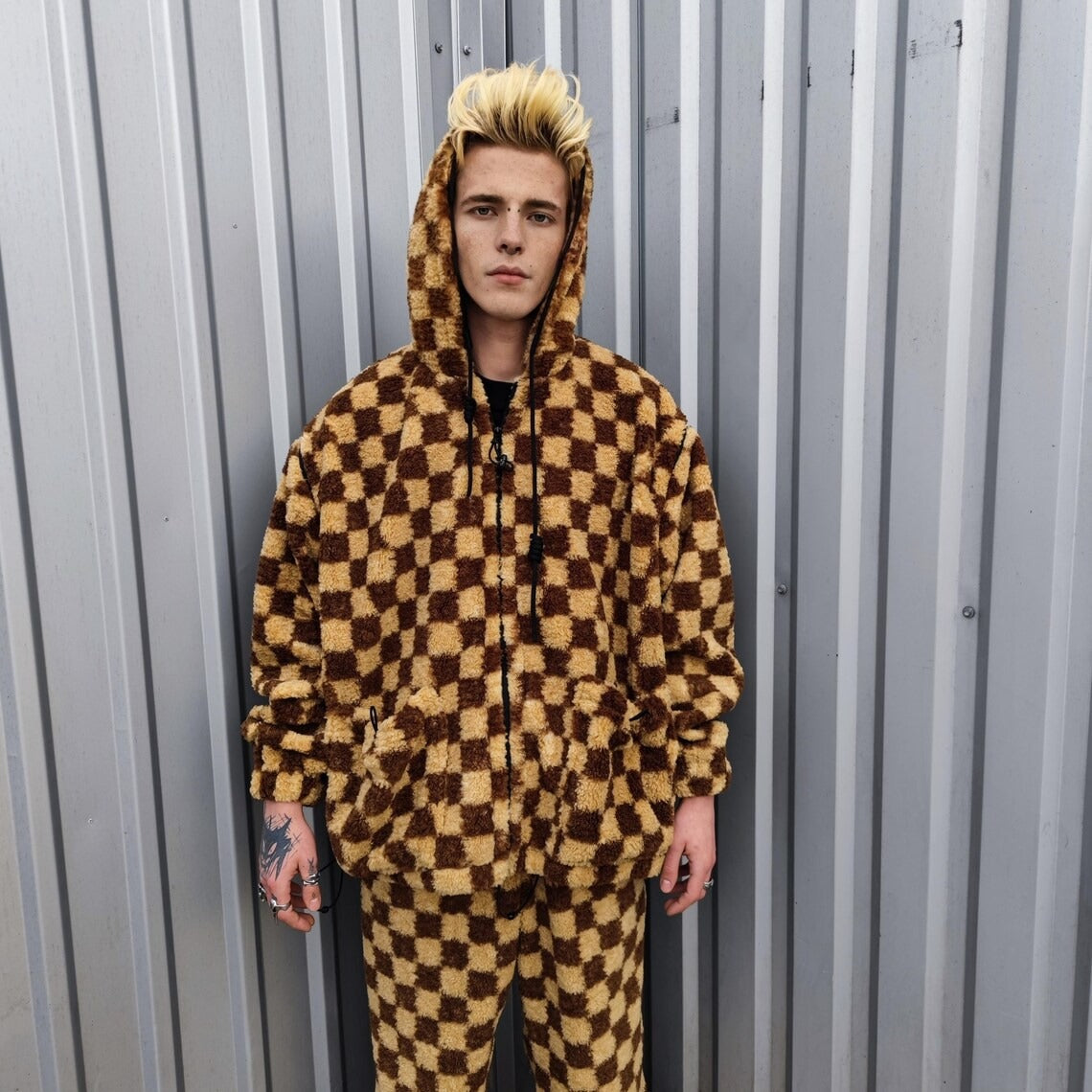 Checked fleece joggers brown Fluffy plaid trousers luxury SKA check pants handmade party hotpants geometric festival set raver tracksuit