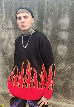 Box fit flame knitted sweatshirt red fire knitwear jumper