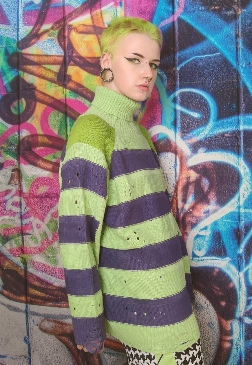 Ripped stripe sweater Zigzag jumper in acid green and purple