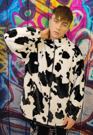 Cow fleece jacket in white animal print fluffy spot bomber