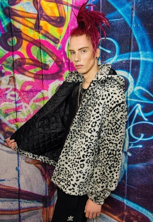 Leopard fleece hooded jacket handmade tie-dye fluffy bomber