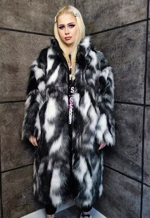 Contrast faux fur coat gradient fluffy Mac in white black