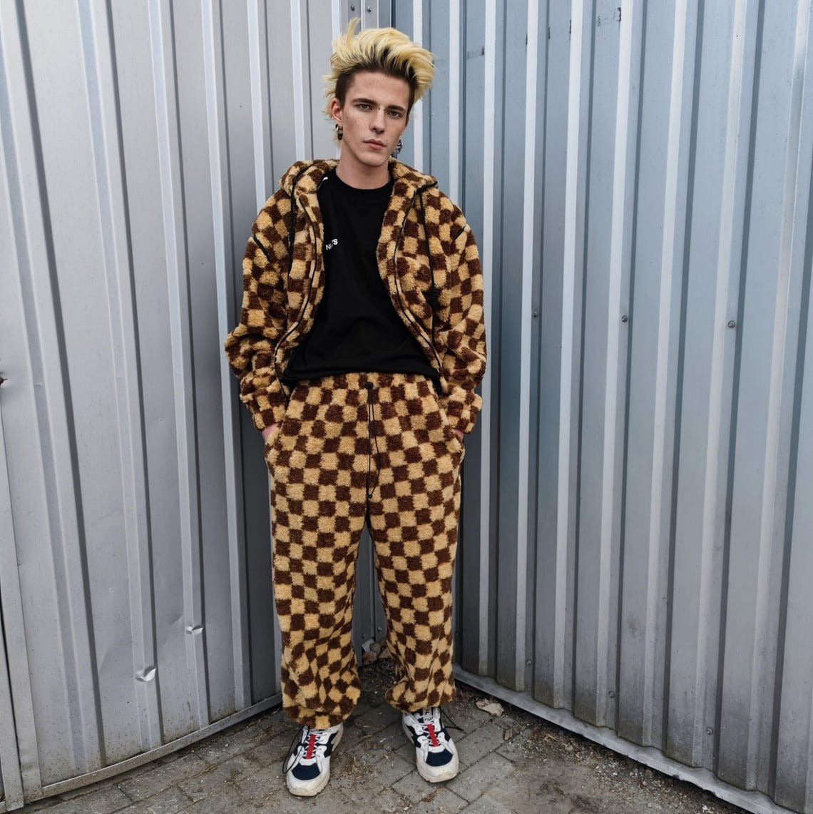 Checked fleece jacket brown hooded geometric bomber plaid grunge coat detachable sleeves handmade check pattern overcoat fuzzy festival set