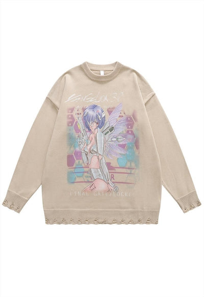 Anime girl sweater Manga knit distressed Kawaii jumper black