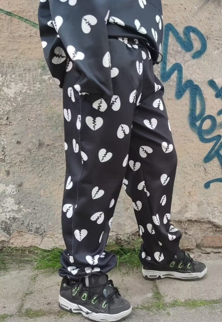 Broken heart joggers handmade Love cartoon overalls black