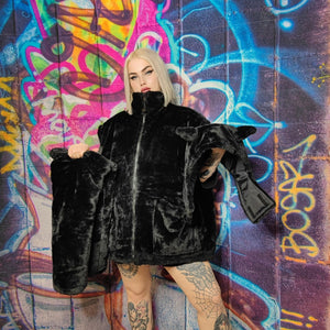 Devil horn bomber handmade detachable faux fur puffer reversible grunge fleece jacket two sided Gothic coat in black