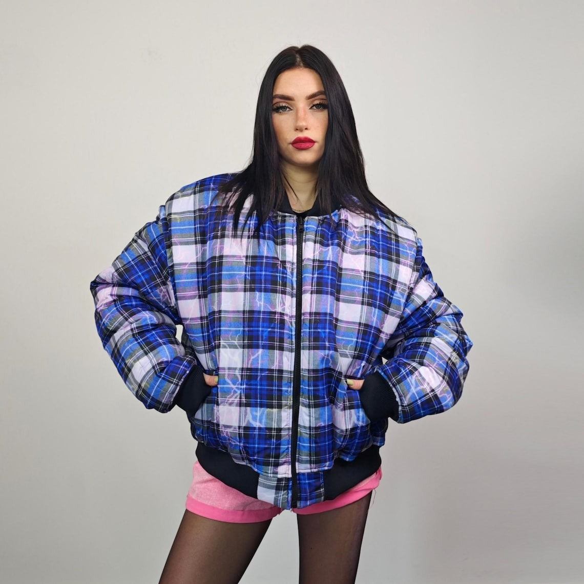 Plaid check bomber thunder print jacket reversible college varsity detachable sleeves e-boy vest handmade grunge rocker coat