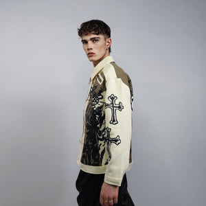 Graffiti denim jacket punk jean bomber utility color block bomber grunge aviator gorpcore festival coat rocker varsity rebel blazer in brown