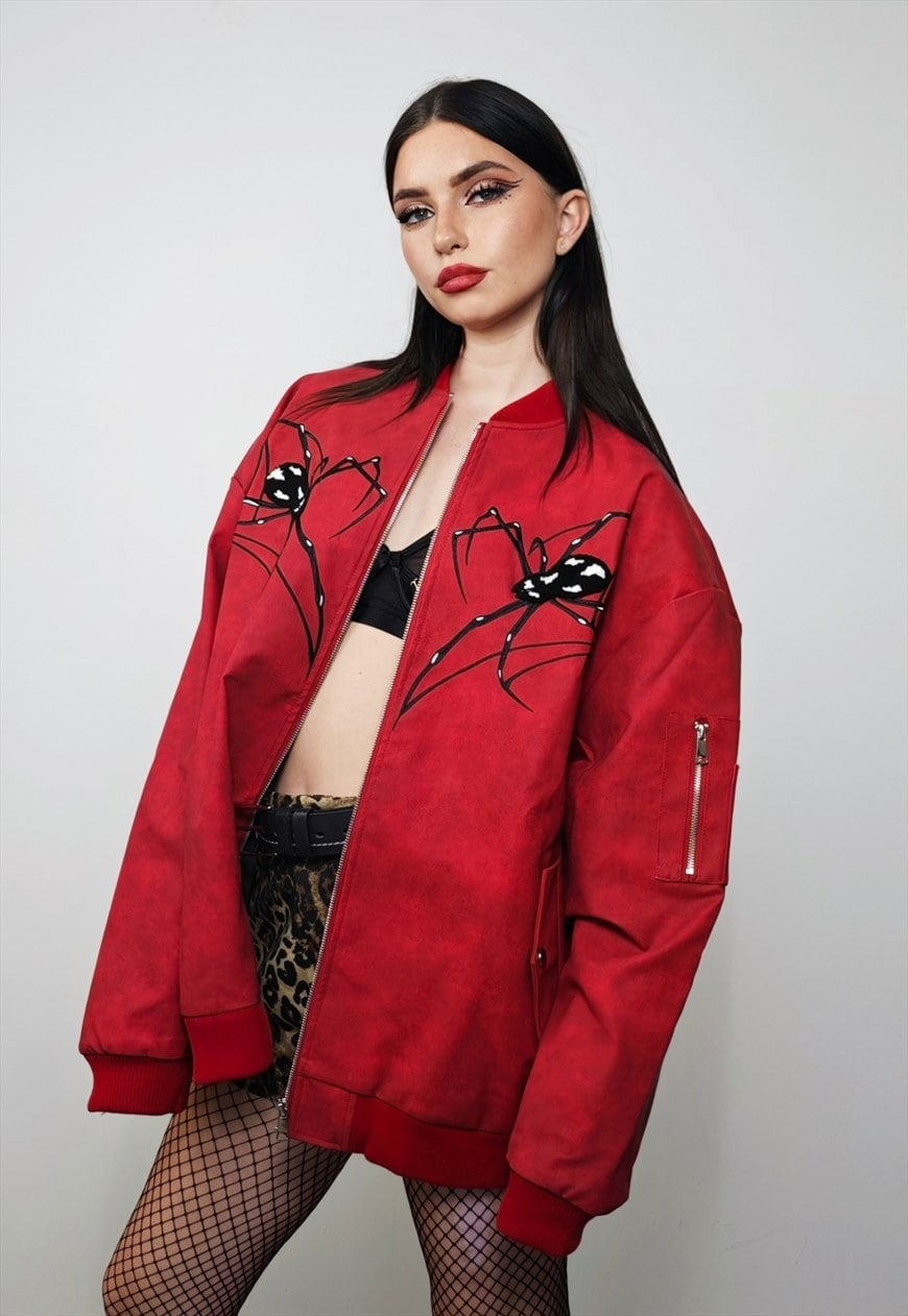 Spider patchwork jacket red faux leather punk college bomber