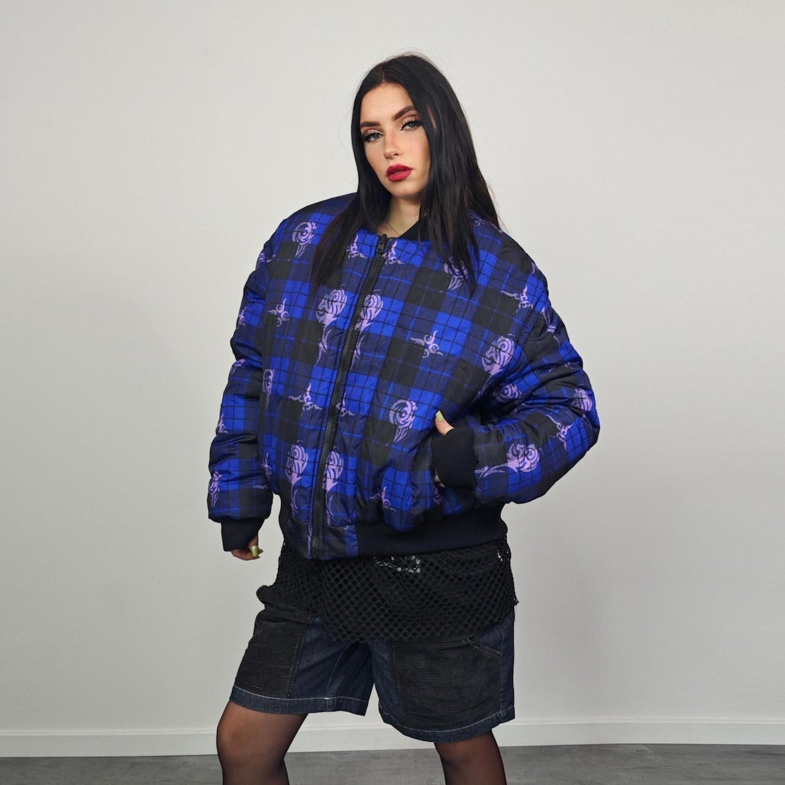 Tribal bomber yellow tattoo print jacket Aztec reversible college varsity detachable sleeves handmade checked puffer grunge plaid punk coat