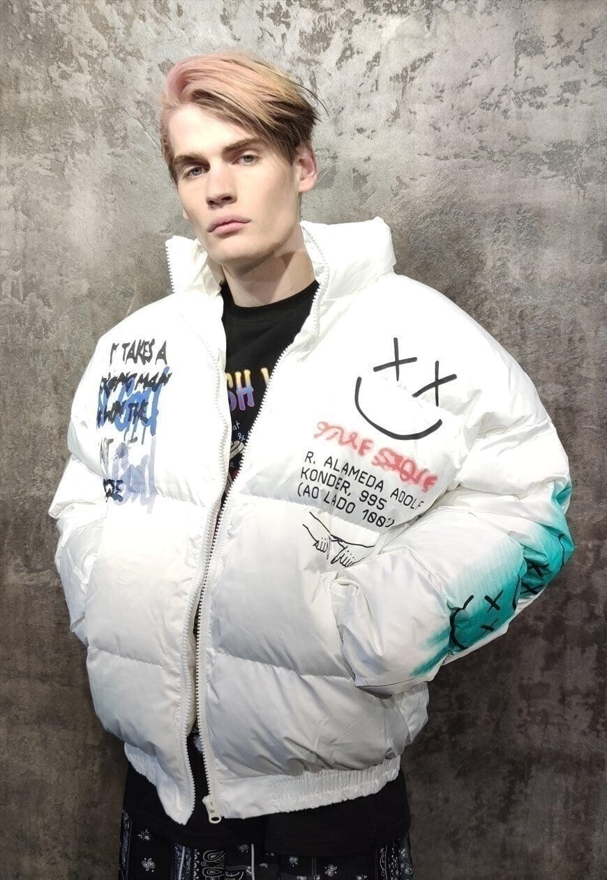 Graffiti print bomber emoji print jacket smile puffer white
