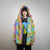 Rainbow faux fur jacket collarless tropical coat bright raver bomber fluffy carnival fleece luminous festival pullover burning man overcoat