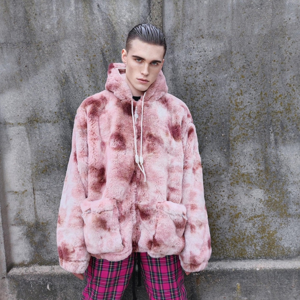 Tie-dye fleece jacket brown hooded gradient bomber luxury fluffy coat detachable sleeves handmade abstract overcoat fuzzy festival set