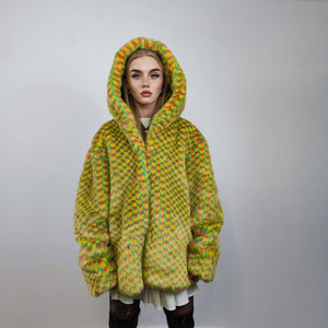 Checked faux fur hooded jacket geometric bomber bright raver coat fluffy winter fleece festival puffer neon burning man hoodie in yellow