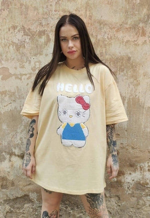 Hello Kitty t-shirt cat applique tee Anime cartoon top cream