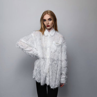 Fringed shirt long sleeve fluffy blouse going out oversize jumper fancy dress sweatshirt loose fuzzy top in white