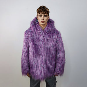 Shaggy faux fur jacket lavender neon bomber rave coat fluffy puffer Taylor Swift fleece luminous festival hood burning man overcoat purple