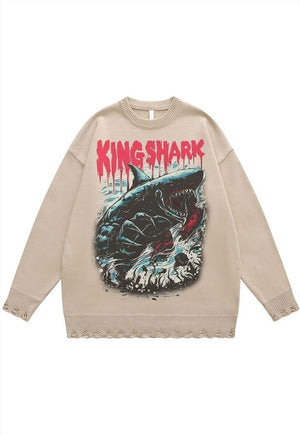 Shark print sweater scary jumper ripped knitted top in grey