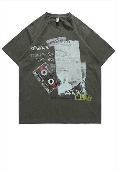 Cassette print t-shirt retro tee skater graffiti top black