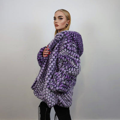 Hooded checked faux fur jacket geometric bomber bright raver coat fluffy winter fleece festival trench neon burning man overcoat in purple