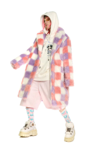 Checked shaggy fur longline coat geometric pattern jacket rave bomber fluffy festival coat fleece party bomber pastel burning man coat pink