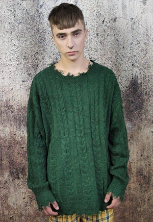 Cable knit sweater distressed top ripped jumper in green