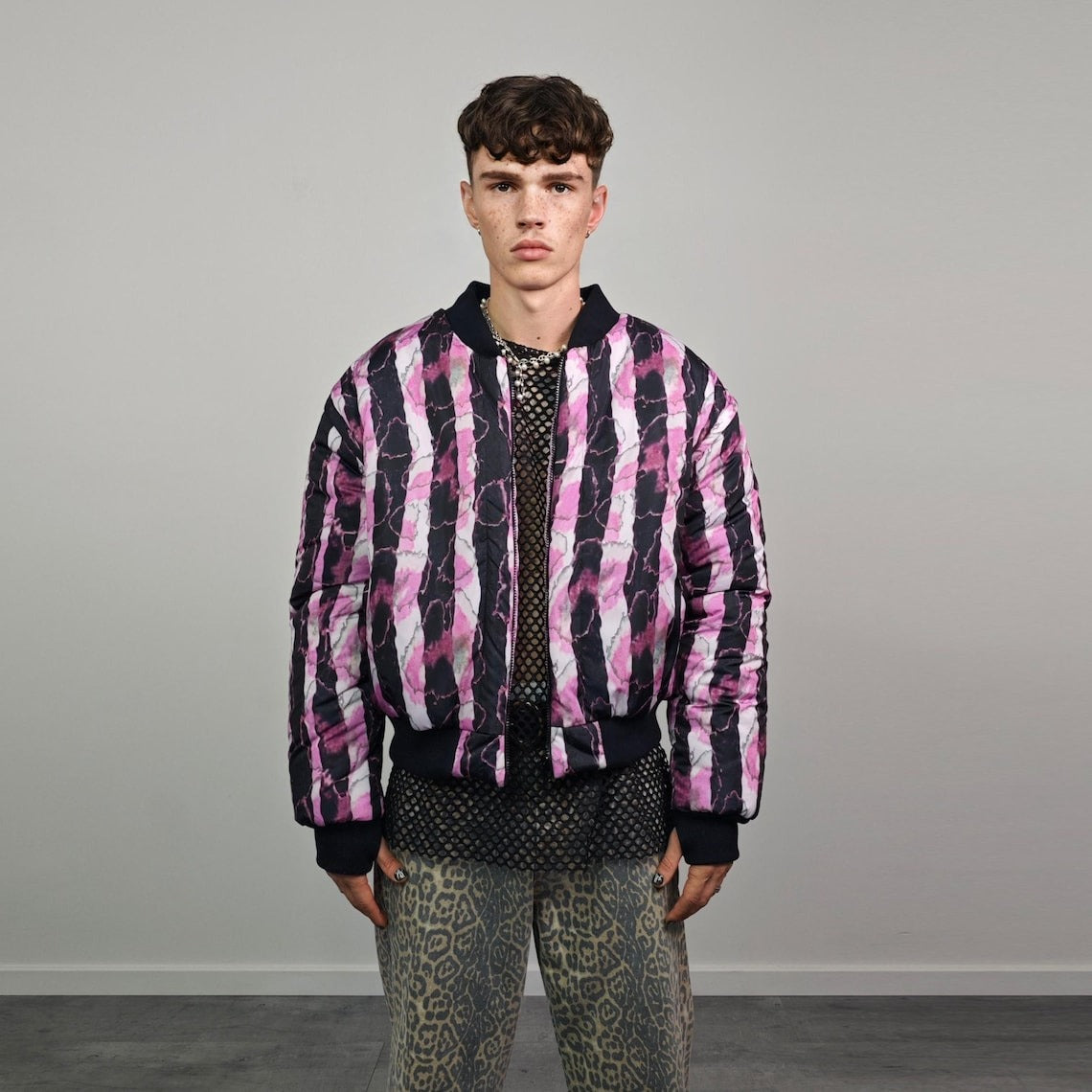 Pink snake bomber python print jacket raver reversible college varsity detachable sleeves handmade crocodile puffer grunge punk rocker coat