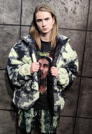 Tie-dye fleece bomber handmade camo sports jacket in green