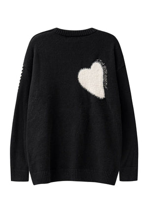 Heart patch sweater fleece jumper retro love top in black