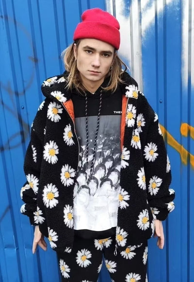 Daisy print fleece jacket custom made sunflower bomber black