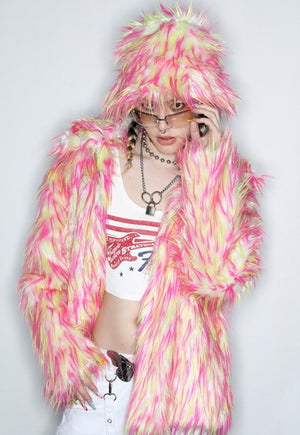 Shaggy faux fur bucket hat pink orange fluffy hat rave cap