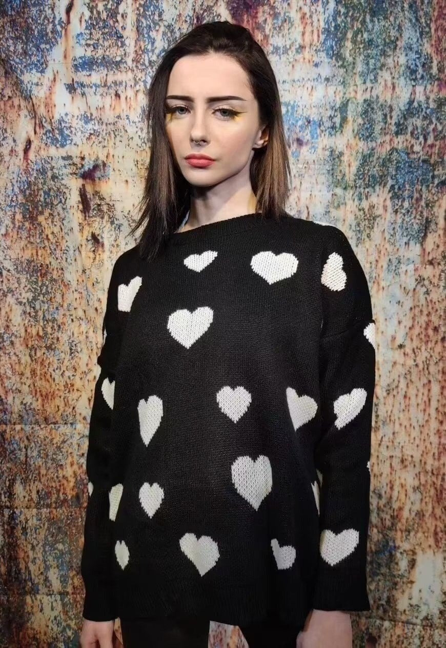 Heart knitwear sweater love knitted jumper in black white