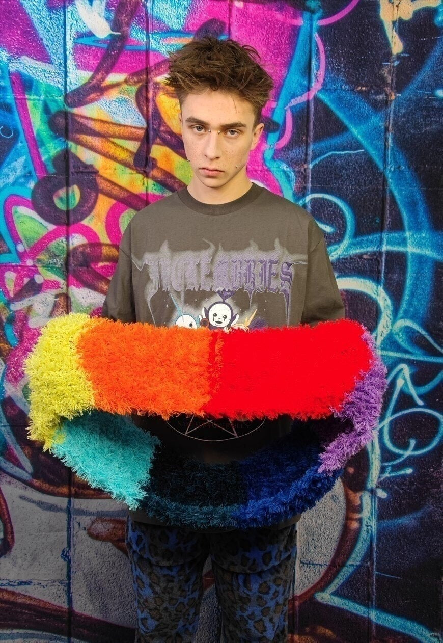 Handmade fluffy shawl scarf in rainbow color circle snood