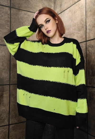 Punk stripe sweater distressed grunge jumper in green black