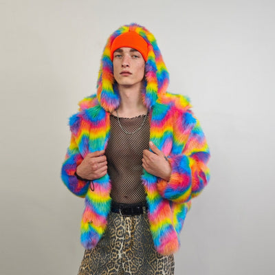 Rainbow faux fur coat cropped unicorn bomber fluffy carnival fleece detachable sleeves festival jacket burning man short luminous overcoat