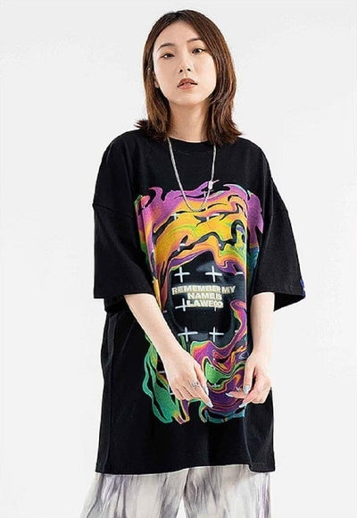 Flame t-shirt abstract sky tee skater neon top in black