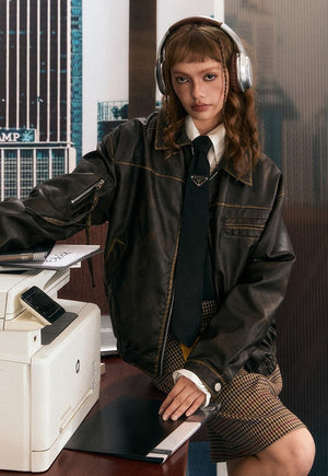 Faux leather aviator jacket brown vintage wash varsity