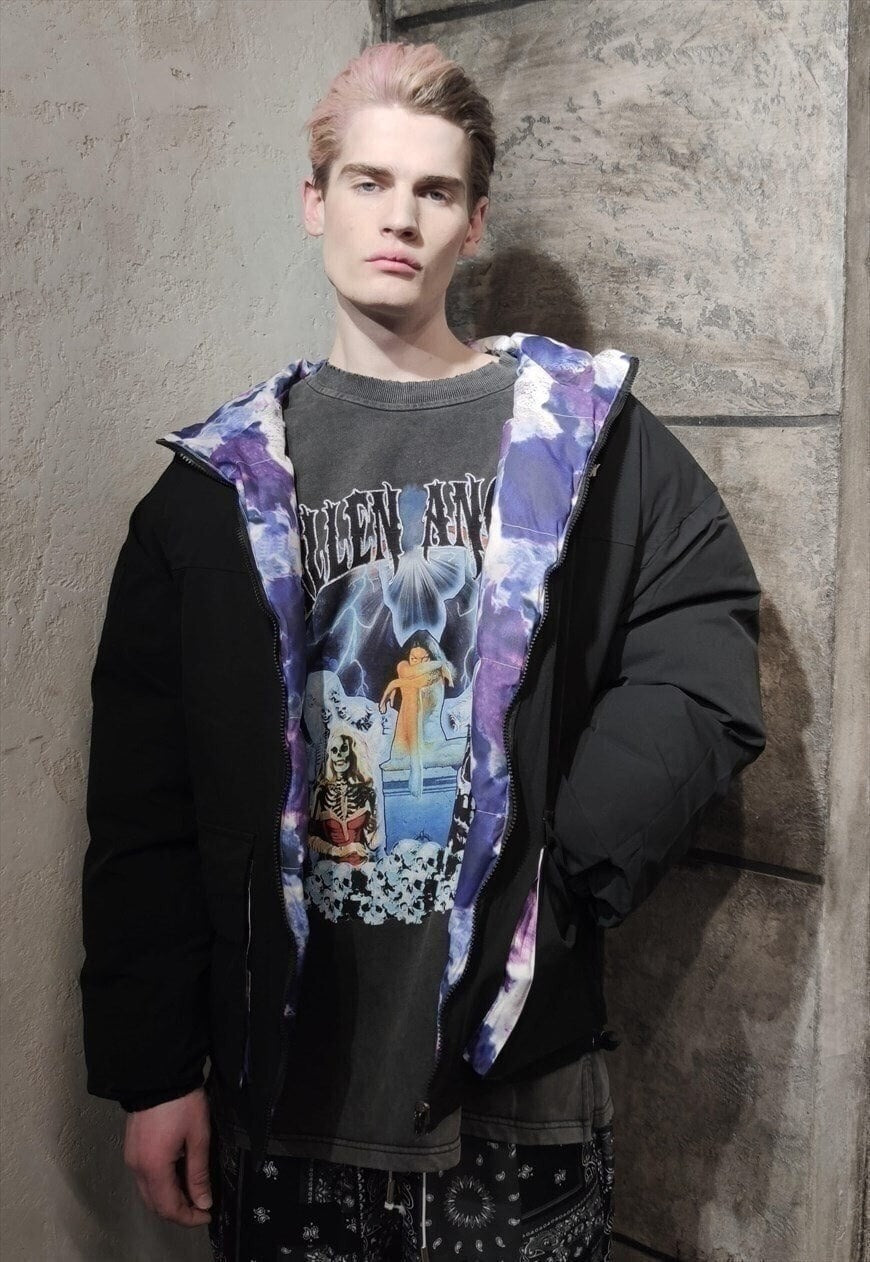 Reversible tiedye bomber grunge rainbow puffer jacket purple