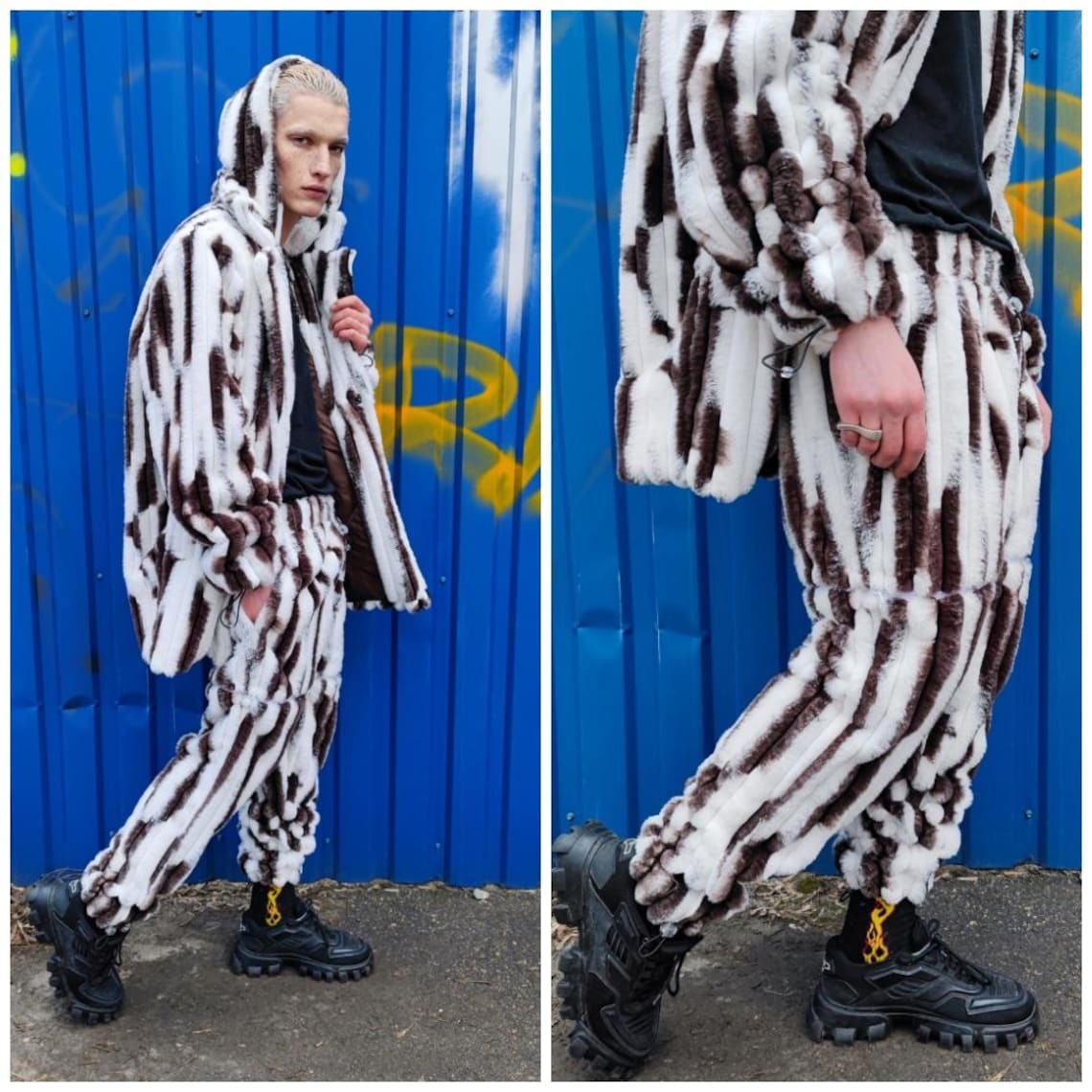 Oversize trench coat faux fur brown overcoat animal print jacket striped detachable sleeves handmade zebra pattern festival Coachella fleece