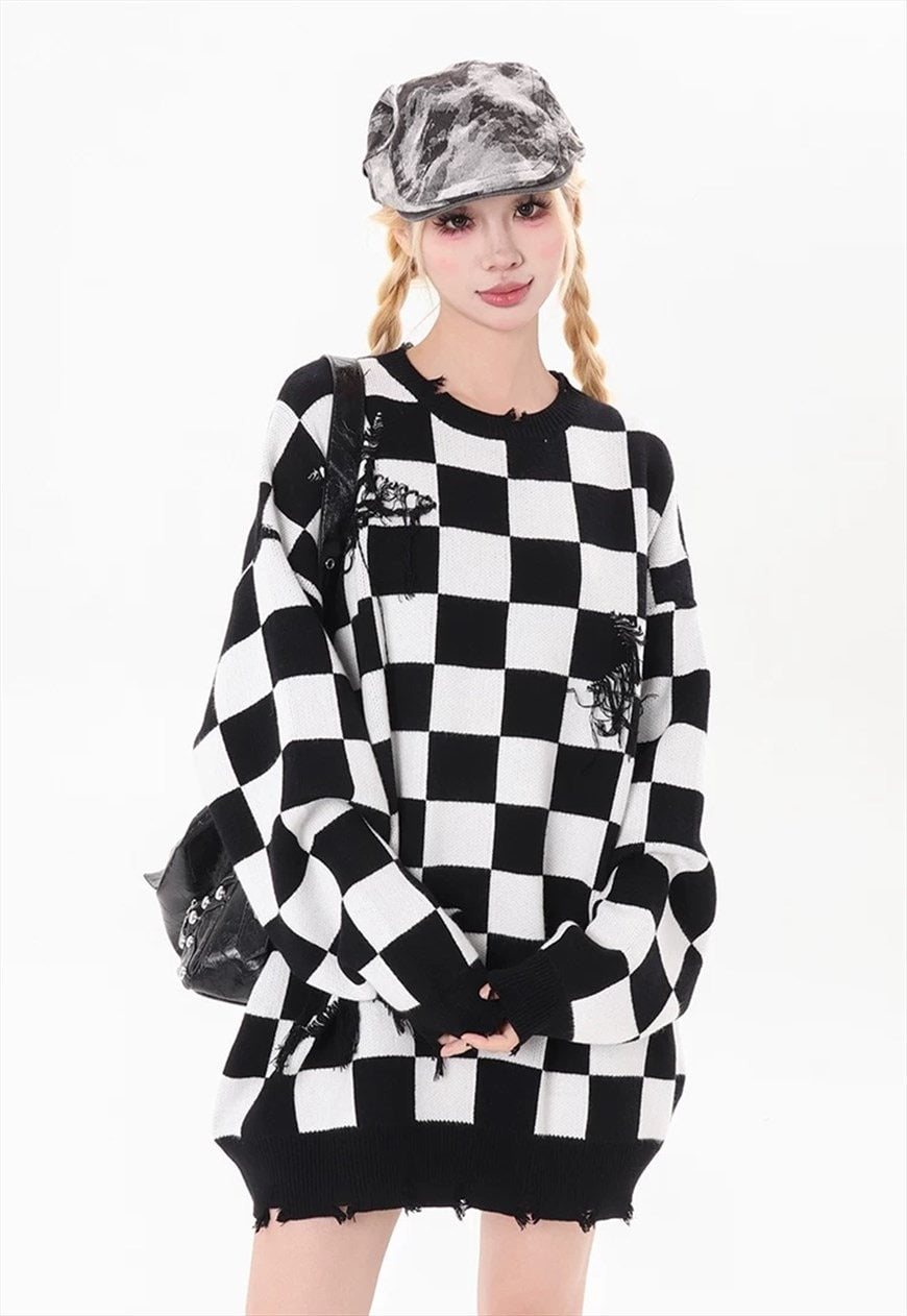 SKA check sweater plaid pattern knit top patchwork jumper