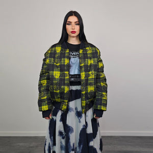 Paisley print bomber black white check jacket plaid reversible bandanna pattern college varsity detachable sleeves handmade tartan coat