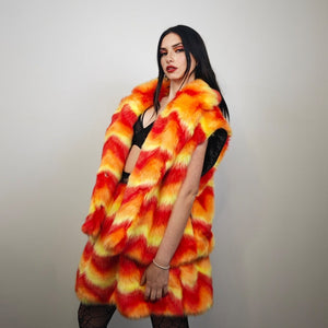 Faux fur skirt orange psychedelic midi fluffy fleece dress geometric flame bottoms carnival skirt elasticated waist burning man rave skirt