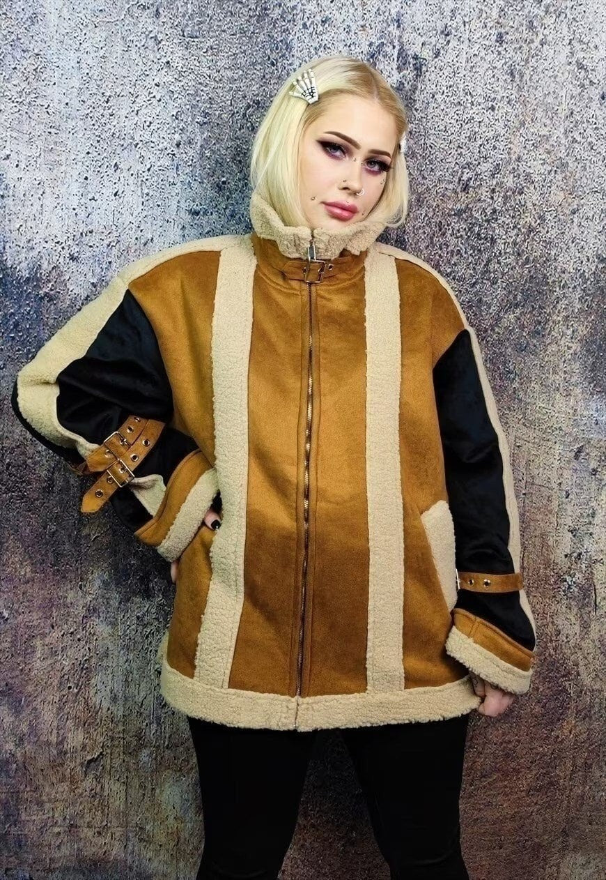 Faux fur biker jacket fluffy fleece aviator bomber in brown