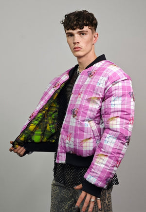 Punk varsity jacket pink plaid check reversible rave bomber