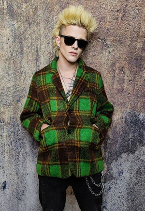 Plaid fleece blazer woollen check jacket retro bomber green