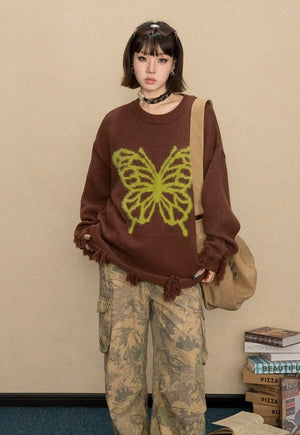 Ripped sweater brown butterfly jumper grunge knitted top